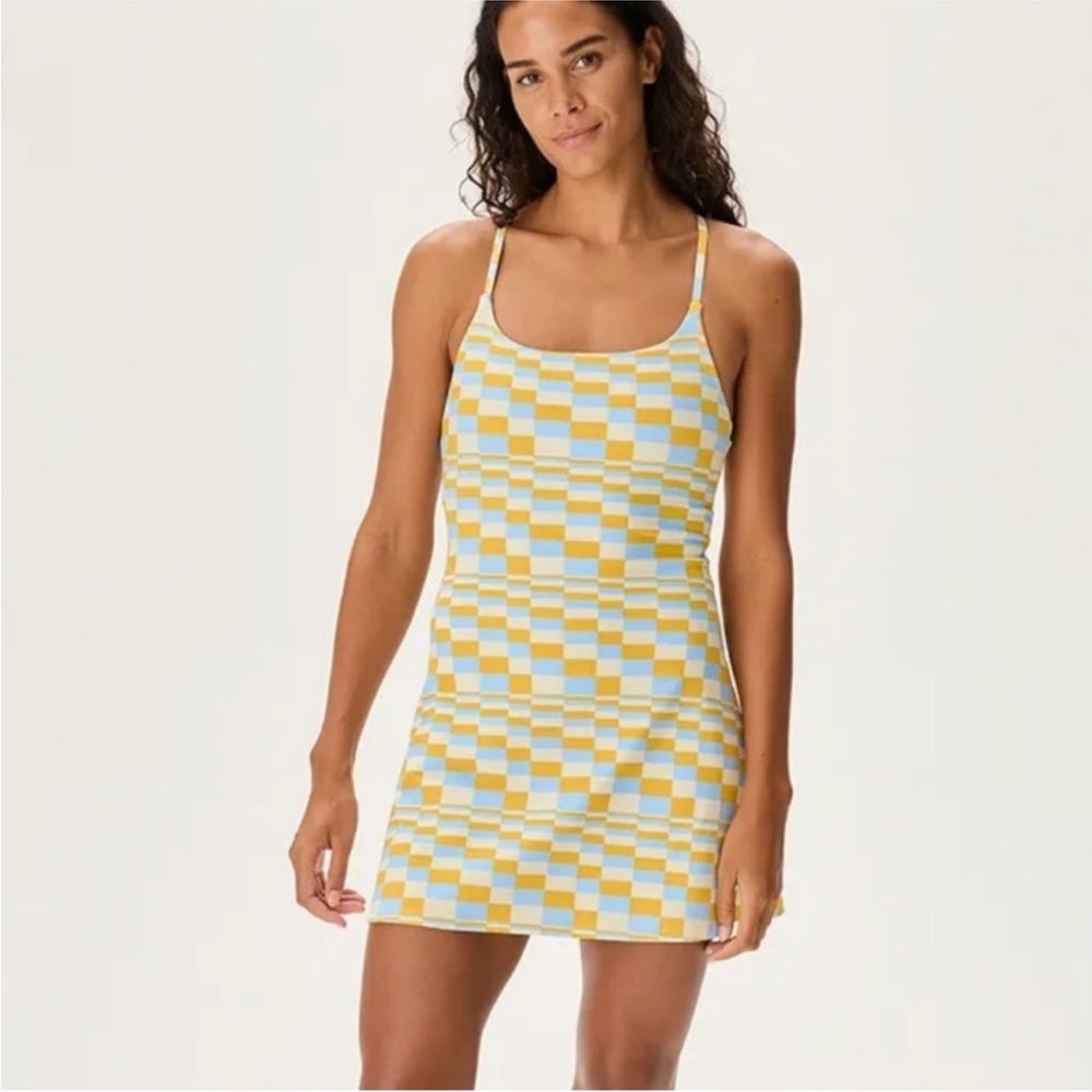 Outdoor Voices Move Free Techsweat Athletic Dress Yellow & Blue Check Print Lrg
